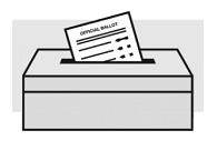 Little black and white cartoon drawing of a ballot box with the top of a ballot sticking out