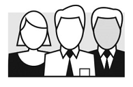 Little black and white cartoon drawing of three faceless people standing in business attire