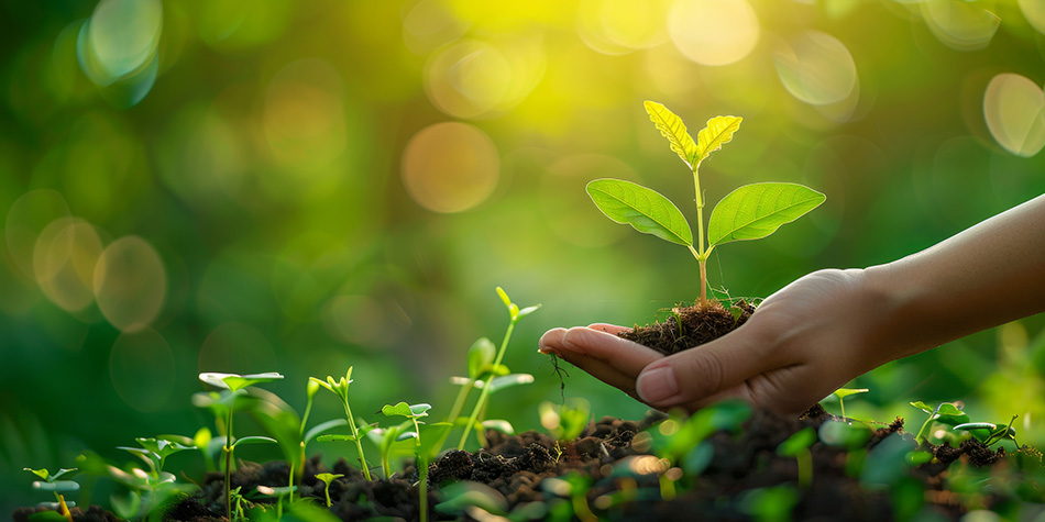 Handing holding soil and plant