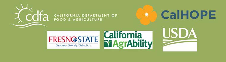 logotipos para CDFA, CalHOPE, Fresno State, California AgrAbility, USDA